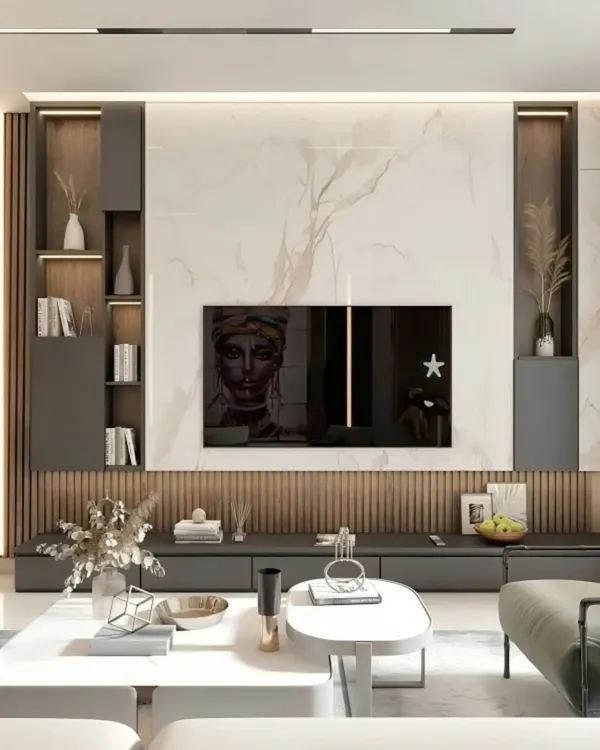 A modern TV wall I designed with a mix of materials. It features a central marble-finish panel, flanked by vertical wooden fluting and dark grey shelving for a sophisticated, textured look.