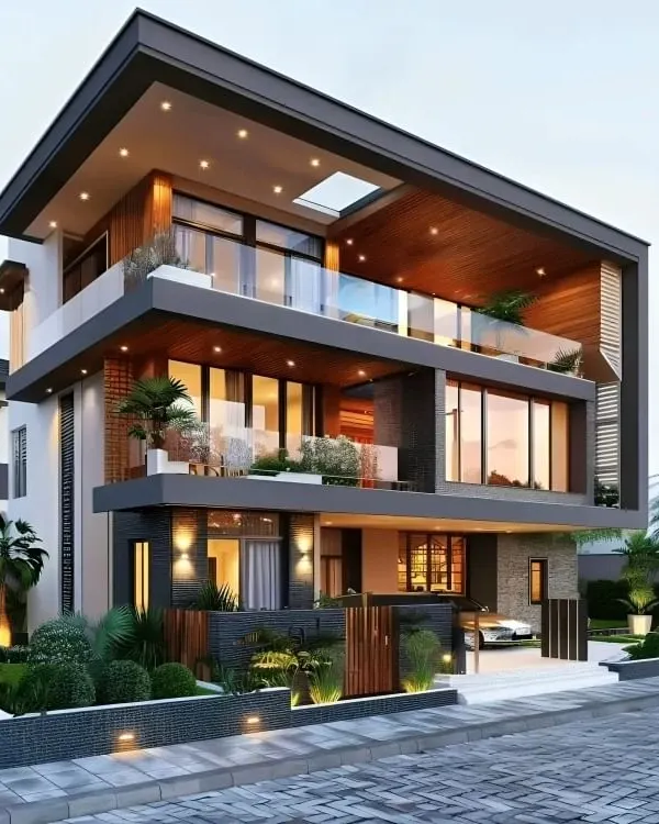 A premier example of our luxury contemporary designs, this home features floor-to-ceiling windows and expansive balconies with glass railings to maximize light and views. The flat roofline and cantilevered structures create a sleek, sophisticated profile, complemented by integrated landscape lighting.