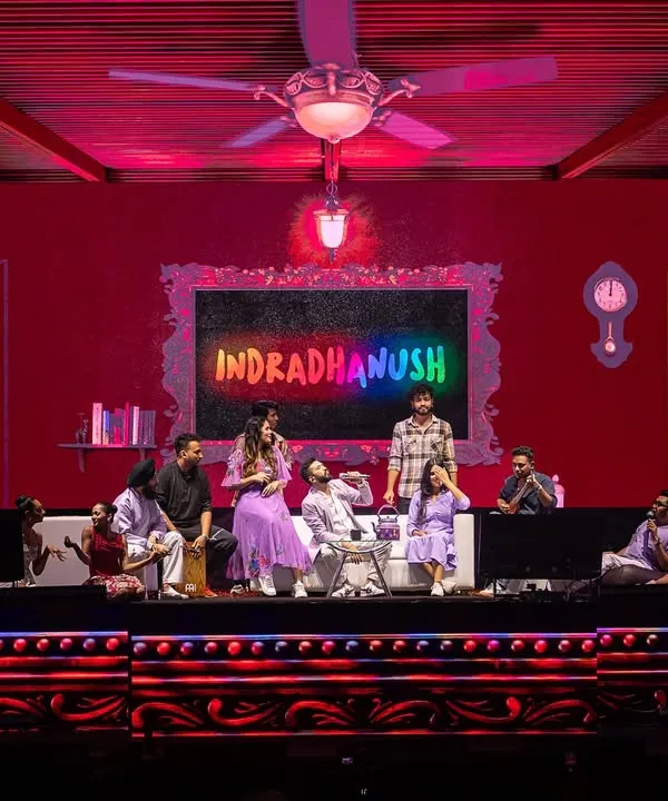 The full stage view of the 'Indradhanush' concert for Amit Trivedi. My role was to design the entire visual flow, ensuring the dancers and singers moved as one cohesive unit to create a rich, theatrical experience for the audience.