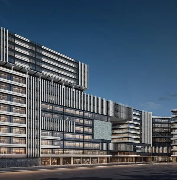 A nighttime render of our Vasai mixed-use project, illustrating how the structure becomes a beacon in the urban landscape. The design features interconnected blocks with sky bridges, premium office spaces, and a luxury hotel, creating a self-contained ecosystem for business and leisure.