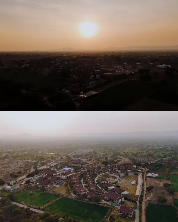 A two-part aerial shot showcasing the vast, beautiful landscape of the wedding resort at sunset and during the day, highlighting the destination's appeal.