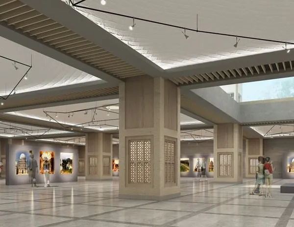 A rendering of the proposed Qutub-Shahi Interpretation Centre in Hyderabad. The design uses a modern idiom to recall the sense of order and gentle play of light found in the historic Qutub-Shahi monuments.