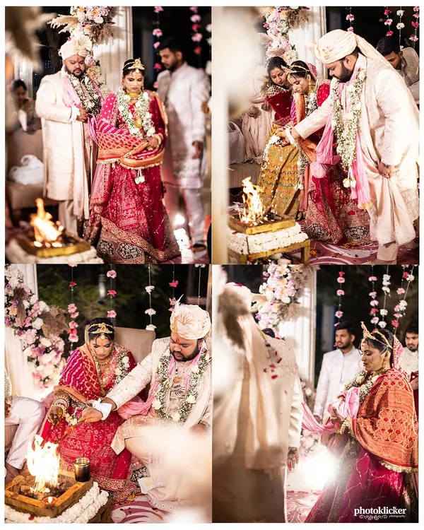 A collage of sacred moments from a Hindu wedding ceremony, showing the pheras and other important rituals around the holy fire.