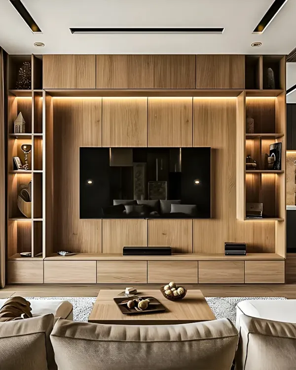 I designed this modern living room to be the heart of the home. The full-wall wooden TV unit combines aesthetics with function, featuring backlit display niches and a floating console for a clean, uncluttered look.