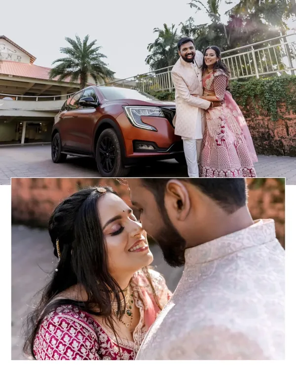 A modern couple's maternity shoot, featuring both a wide shot with their car and an intimate close up. The expecting mother's pink lehenga and the partner's coordinated outfit create a stylish, celebratory look.