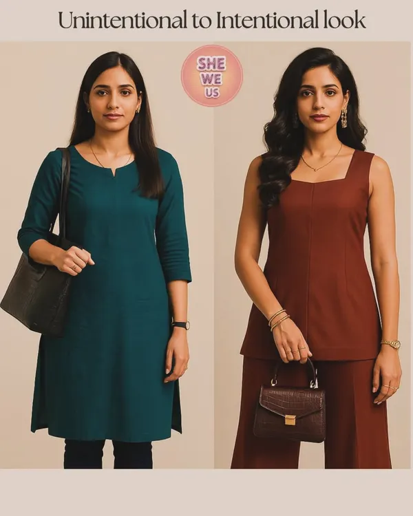 This image perfectly illustrates the shift from an unintentional to an intentional look. It's a visual representation of how conscious styling can elevate your presence, moving from a look that fades into the background to one that is powerful and put-together.