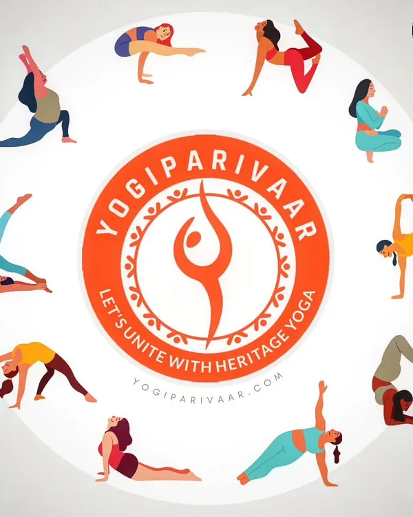 Our logo, surrounded by various yoga asanas, representing our result-oriented studio in Rohini, Delhi.