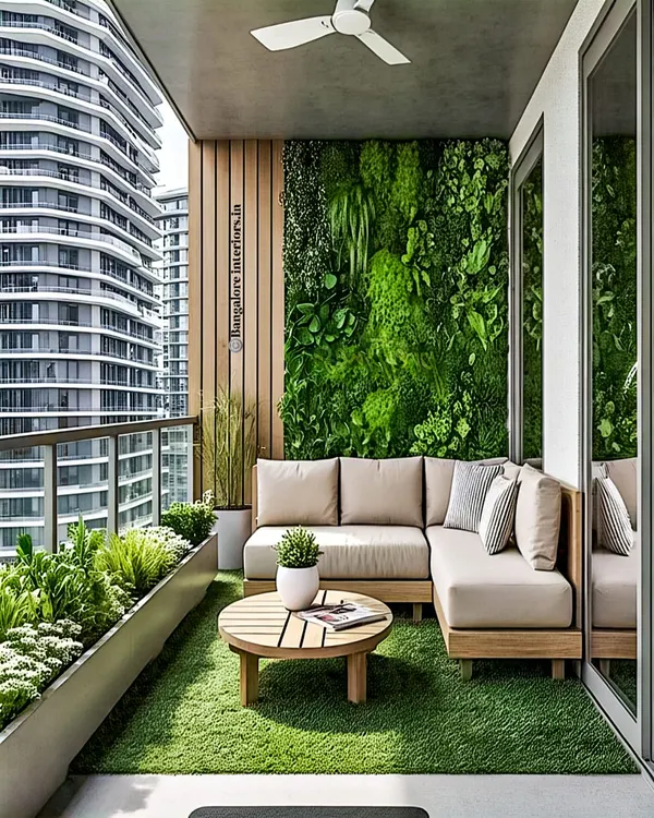 This is how I turn a standard city balcony into a luxurious green lounge. I used a full-length vertical garden wall to create a lush backdrop, paired with comfortable L-shaped seating perfect for relaxing or entertaining. The artificial turf adds a touch of maintenance-free green, making this urban jungle a practical and beautiful escape.