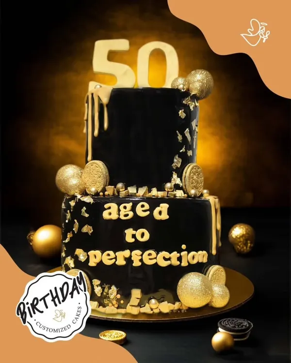 Fifty and fabulous! This stunning two-tier black and gold cake, with the message "aged to perfection," is the ultimate centerpiece for a glamorous 50th birthday celebration.