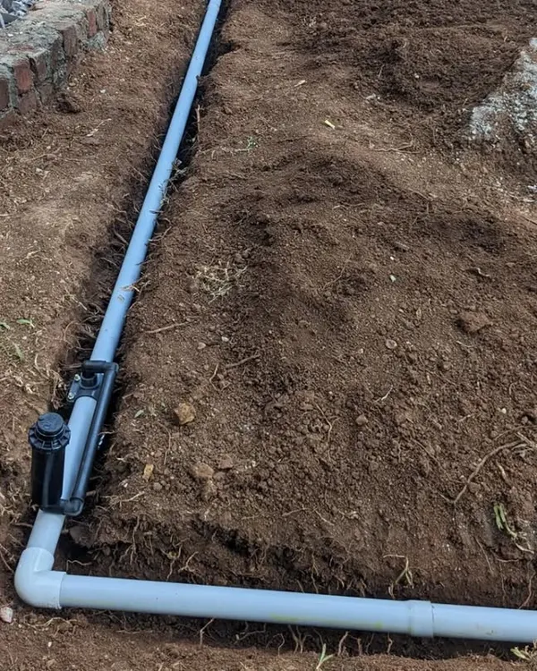 A pop-up sprinkler head is installed along the mainline pipe. This is part of an efficient irrigation system designed to provide even water coverage for a healthy lawn.