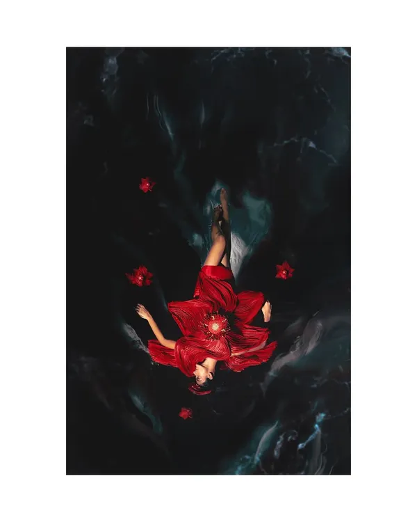 A moment of surreal beauty from my campaign for couture designer Vaishali S. This shot, with the model floating in an ethereal, dark water setting, captures the collection's inspiration from nature and the underwater world. It's an example of how I use conceptual photography to create a powerful brand narrative.