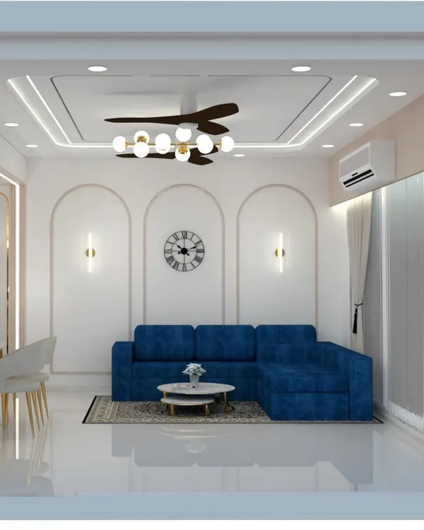 A 3D render showing an alternative layout for the living room, focusing on the seating area. This view highlights the deep blue L-shaped sofa, arched wall panels for a classic touch, and elegant wall sconces.