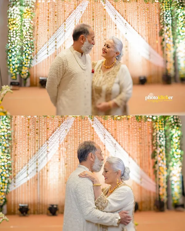 A beautiful, intimate moment between a couple celebrating their 50th wedding anniversary. This collage captures their timeless love as they share a dance.