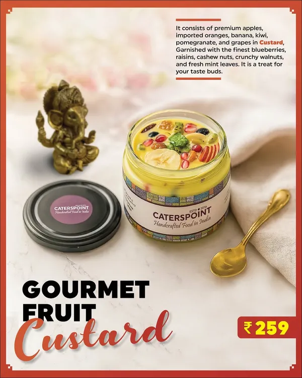 Wishing you a Happy Ganesh Chaturthi! Celebrate with our handcrafted festive custards like this Gourmet Fruit Custard, a divine treat made with premium fruits and nuts.