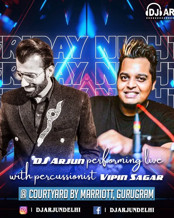 A promotional graphic for a Friday night performance with percussionist Vipin Sagar at Courtyard by Marriott, Gurugram. This combination is perfect for clients looking for a high-impact DJ set that stands out.