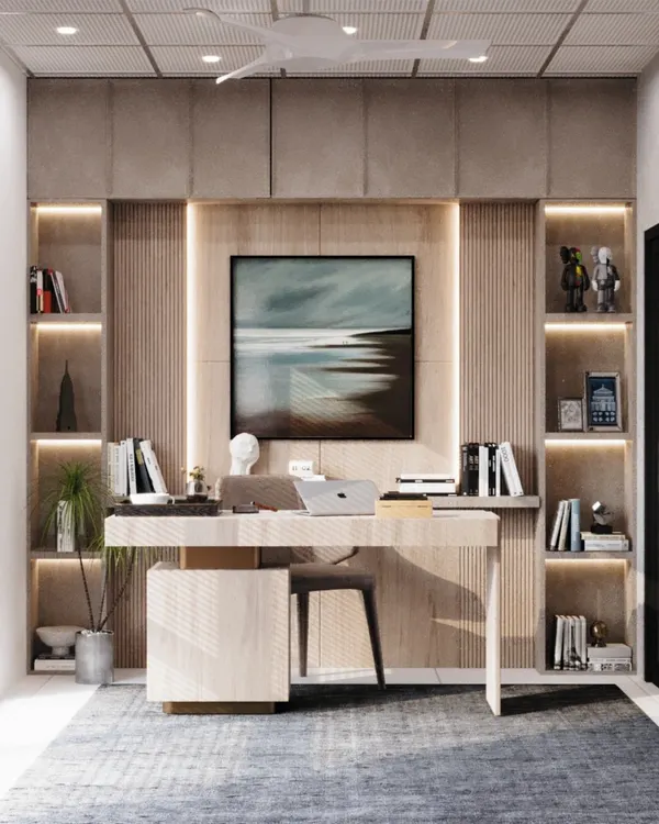 Mondays don't have to be boring when your desk is this inviting. This home office features a stunning wood-paneled wall with integrated backlighting, creating a sophisticated and inspiring workspace.