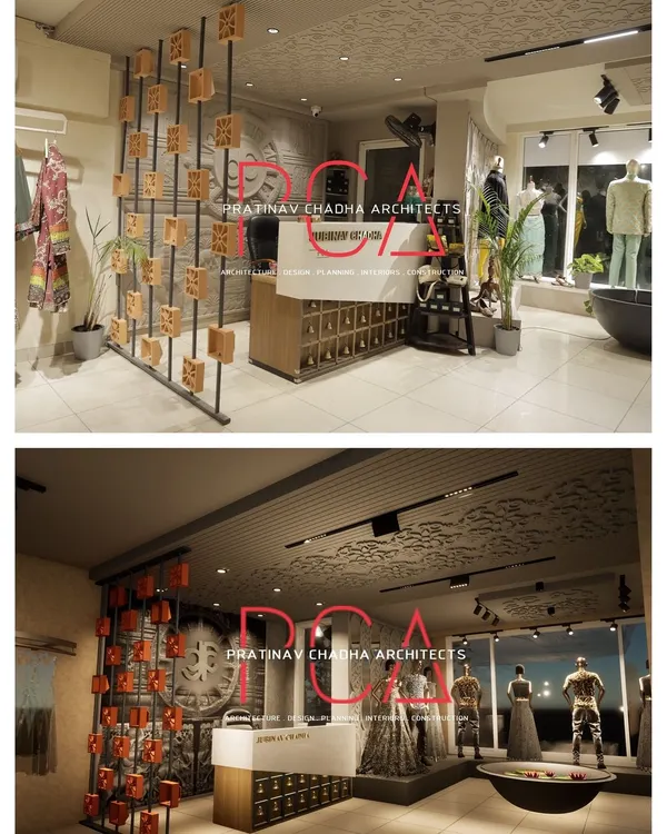 A "Render to Reality" comparison for the Jubinav Chadha Fashion Studio. This image places the initial 3D visualization next to the final photograph, demonstrating my ability to execute a design concept with precision.