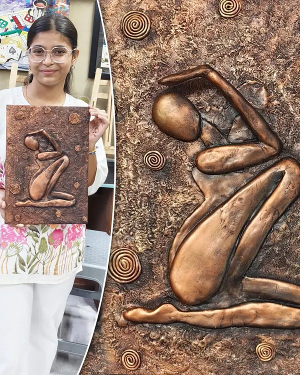 A student proudly displays her finished relief artwork alongside a close-up of the piece. The 3D human figure and textured background are finished with a beautiful bronze effect.
