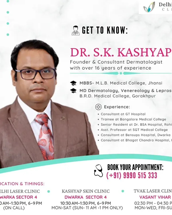 This is me, Dr. S.K. Kashyap. With an MD in Dermatology and over 16 years of practice, I founded this clinic to provide world-class dermatological care. My focus is on honest advice and results-oriented treatments.