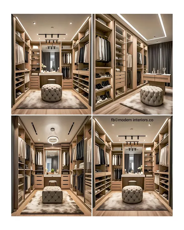 A glimpse into a luxurious walk-in closet. This design features ample hanging space, drawers, and open shelving, all beautifully lit to showcase your collection. The central tufted ottoman adds a touch of glamour and a place to sit while you decide on the perfect outfit.