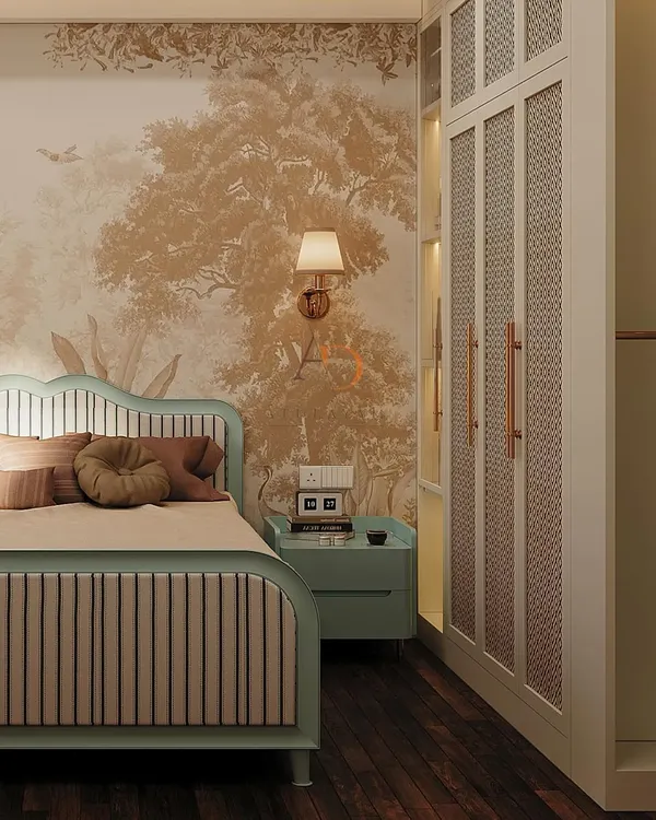 This bedroom balances elegance and comfort with a nature-inspired wallpaper, a custom-latticed wardrobe, and a soothing aqua and beige color palette.
