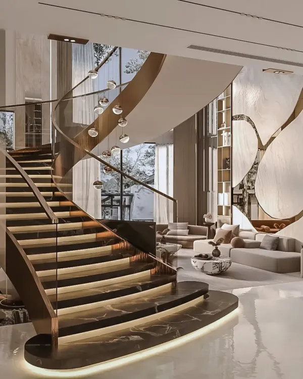 This double-height living area is defined by its magnificent spiral staircase, which serves as a functional sculpture. I used a combination of marble, warm metallic accents, and integrated lighting to create a sense of grandeur and fluid movement, making a powerful first impression.