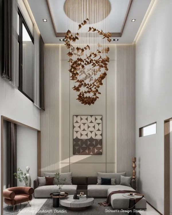 This photorealistic render of a double-height living room showcases a magnificent leaf-motif chandelier, elegant wall paneling, and a serene, luxurious atmosphere.