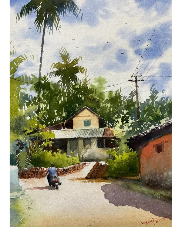 A custom watercolor landscape capturing a quiet village road in India. I focused on the play of light and shadow, the lush greenery, and the details of the rustic architecture to bring this peaceful scene to life.