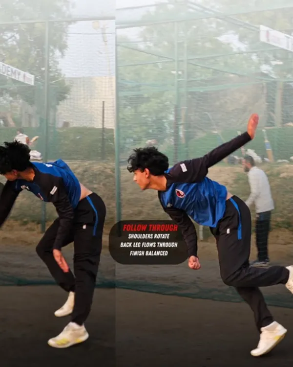 The final phase of a fast bowler's action: the release and follow-through. A high release point with a snap of the wrist generates pace, while a balanced follow-through ensures you finish strong and avoid injury.