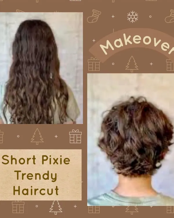 A dramatic and trendy transformation from long, wavy hair to a chic short pixie cut. This style is perfect for highlighting facial features and offers a bold, low-maintenance look.