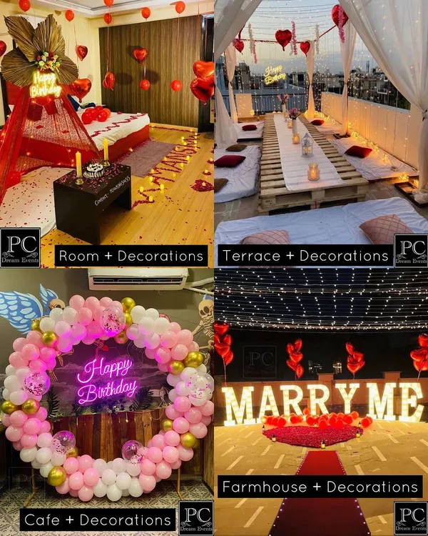 We offer a variety of romantic decoration packages for any location. This collage showcases our ability to transform a bedroom, terrace, cafe, or even a farmhouse for your special surprise.