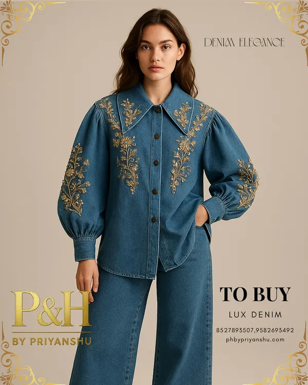 An azure blue oversized denim shirt with voluminous sleeves and delicate gold floral embroidery, paired with matching wide-leg jeans for an elevated, artistic take on casual couture.