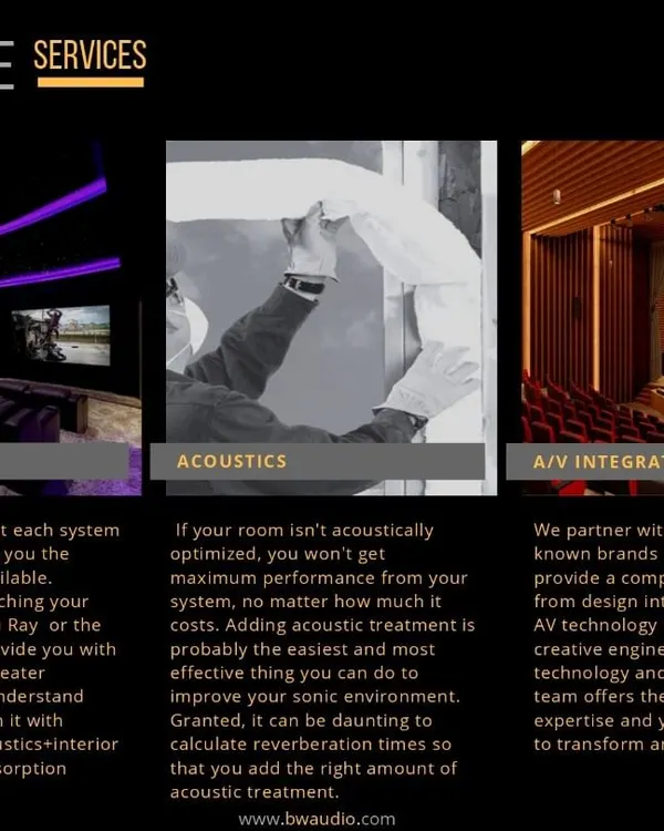 Our services cover every aspect of creating the perfect home theater. We handle the core theater design, acoustic treatment to optimize sound, and full audio-visual integration with the world's best technology brands.