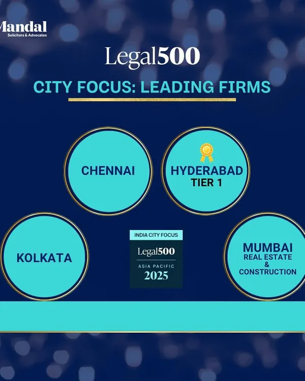 We are pleased to be ranked by Legal500 Asia Pacific 2025, with our Hyderabad office achieving a Tier 1 status. This graphic highlights our strong regional presence and excellence in key legal markets, including Chennai, Kolkata, and Mumbai.