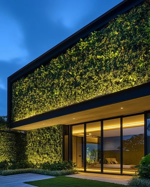 We believe architecture should breathe with its environment. This residence features a living facade, where a vertical garden becomes an integral part of the structure, beautifully illuminated at night to create a dynamic and sustainable design statement.