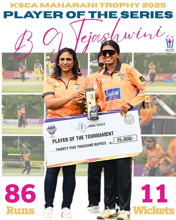B G Tejashwini, the Player of the Series at the KSCA Maharani Trophy 2025. Her all-round clutch performances, with 86 runs and 11 wickets, prove she is ready for the big leagues.
