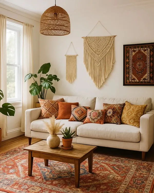 This living room is the heart of boho charm, filled with earthy hues, textured textiles like macrame wall hangings, a plush Persian-style rug, and an abundance of green plants.