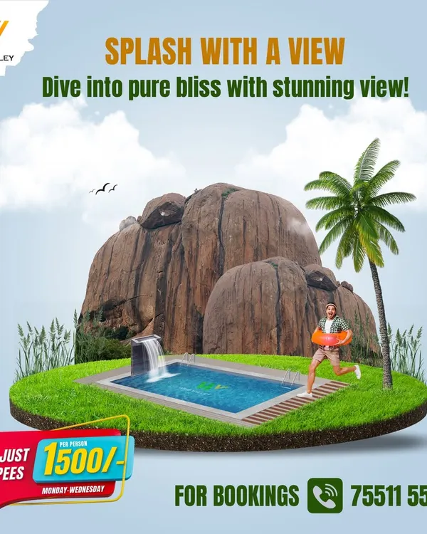 Splash with a view. Our pool at Mountain Bear, Ramanagara, offers a refreshing dip with the stunning backdrop of the iconic Sholay hills.