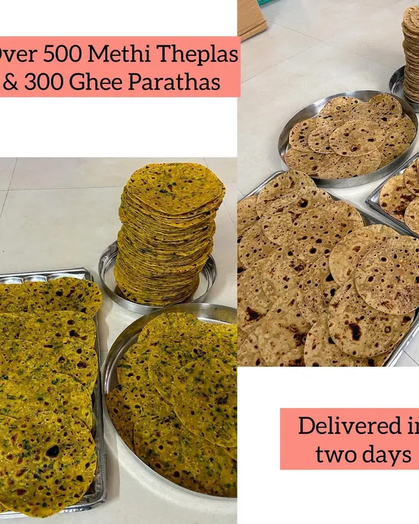 A big order of over 500 Methi Theplas and 300 Ghee Parathas, all delivered in just two days. These are perfect for travel or for stocking up at home.