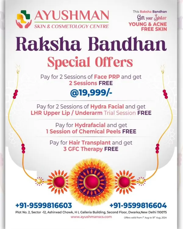 Celebrate Raksha Bandhan with my special offers. This is a great opportunity to gift your sister young and acne-free skin with deals on Face PRP, Hydra Facials, and more.