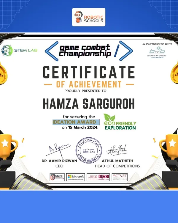 Congratulations to Hamza for winning the Ideation Award at the International Code Combat Championship! His eco-friendly game, built in Scratch, shows how coding can be used to promote positive messages.