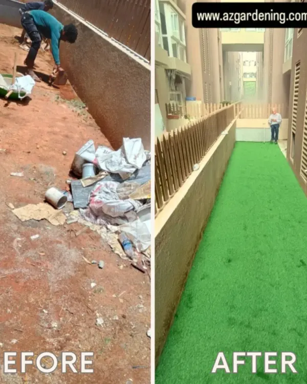 I specialize in turning cluttered and forgotten side yards into clean, green, and usable spaces. This before and after shows how I cleared out debris and installed a durable artificial lawn, completely changing the area.