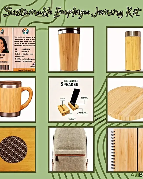 We design comprehensive and customizable sustainable employee kits. This graphic shows a complete set, including a bamboo ID card, mug, flask, wireless charger, speaker, notebook, and a durable backpack, all of which can be branded with your company logo.