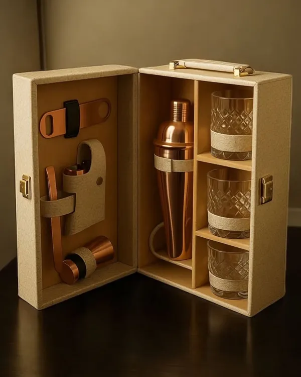 For a truly impressive gesture, I offer exclusive executive gifts like this Johnnie Walker Collector’s Bar Kit, featuring a copper shaker, elegant glasses, and essential bar tools in a portable case.