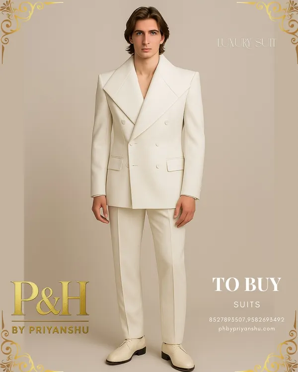 The epitome of timeless elegance. This is a bespoke, double-breasted suit in a pristine white, featuring wide, vintage-inspired lapels. Crafted from imported Italian fabric, it offers a look of pure, confident sophistication.