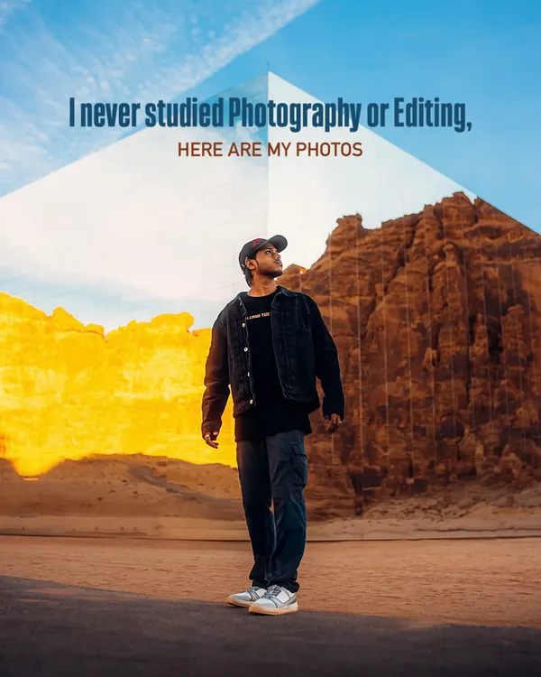 This is a self-portrait from my trip to Saudi Arabia, showcasing my editing style. The split-screen effect highlights the transformation from a raw landscape to a vibrant, cinematic image.