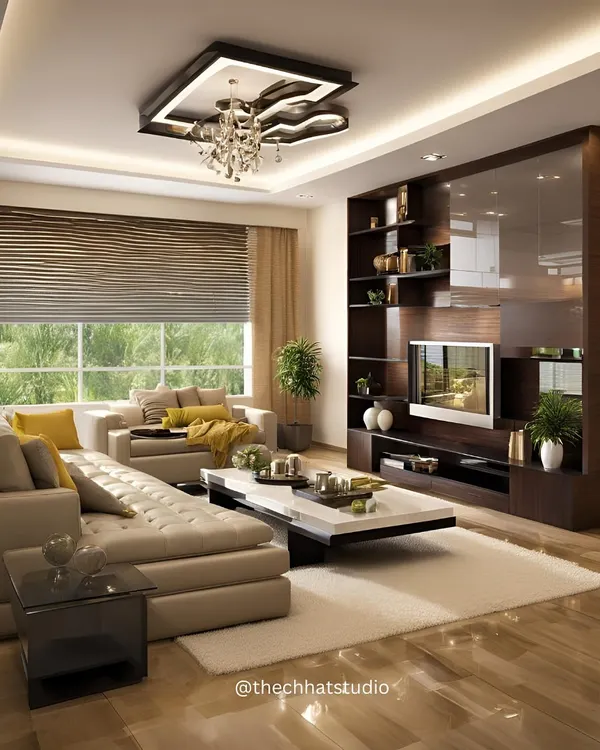 I believe a living room should be a sanctuary of comfort and elegance. This spacious design for a Dehradun residence uses warm lighting and a plush, multi-purpose sofa to create a haven for both relaxation and entertainment, with large windows flooding the space with natural light.