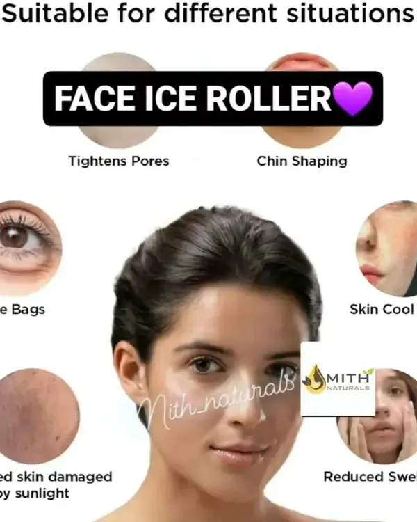 An infographic explaining the different uses of my Face Ice Roller. It can help tighten pores, reduce eye bags, calm the skin, and even help with chin shaping.