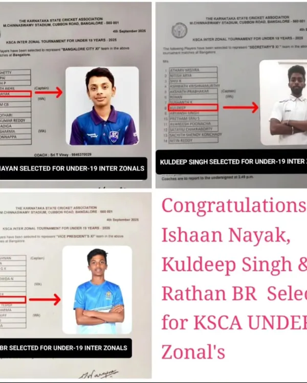 Official KSCA selection announcements for our players Ishaan Nayak, Kuldeep Singh, and Rathan BR, who were chosen for the Under-19 Inter-Zonals. This is the recognition that hard work brings.