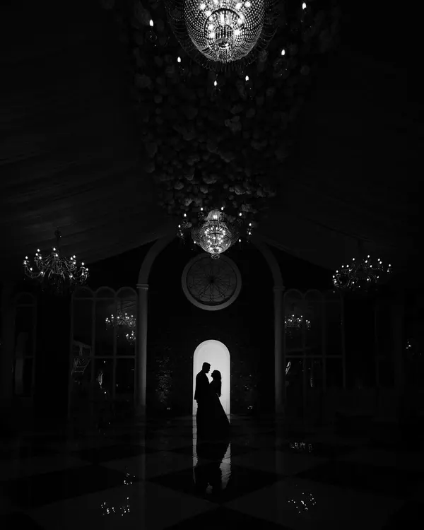 A dramatic black and white silhouette of the couple in a grand, dark hall, their figures framed by a single illuminated doorway, creating a sense of intimacy and mystery.